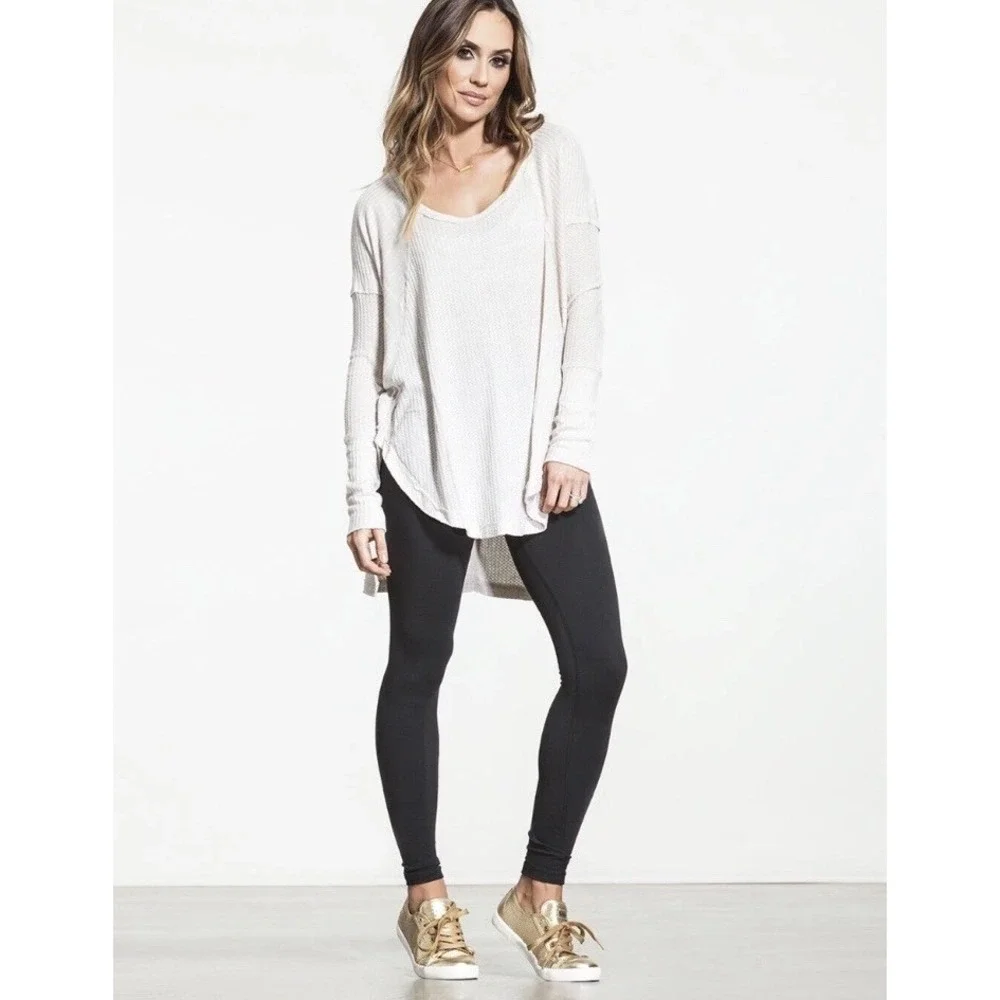 Free People‎ Sz S Ventura Pullover Beige Thermal Waffle Loose Cozy Soft Lounge